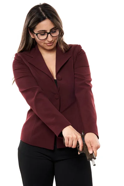 Donna Affari Indiana Con Una Pistola Isolata Sfondo Bianco — Foto Stock