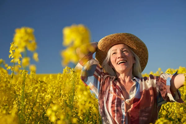 Belle Femme Âgée Aux Cheveux Blancs Dans Champ Canola — Photo