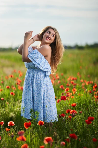 Beautiful Size Young Indian Woman Floral Dress Poppy Field — Stock Photo, Image