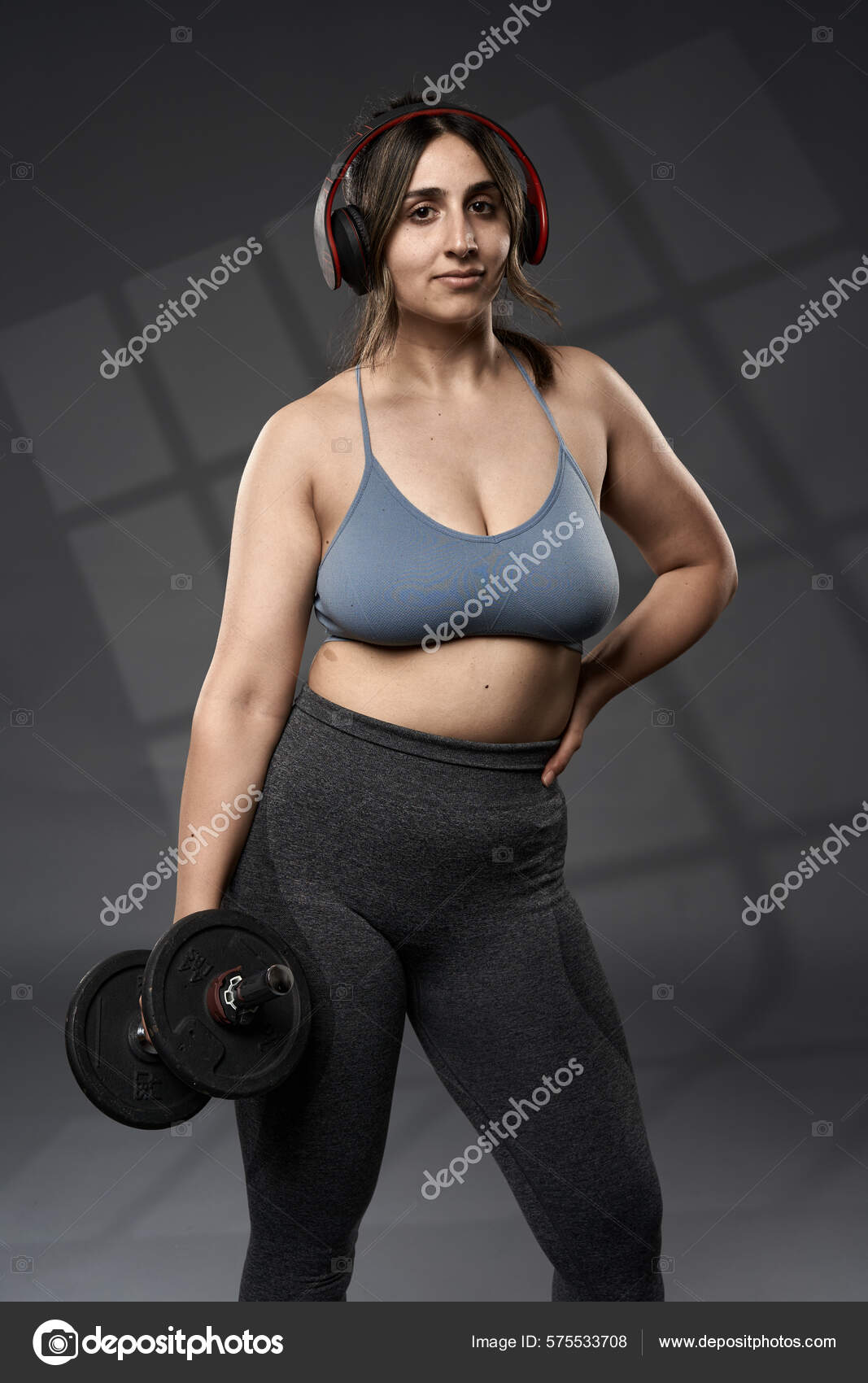 Strong Size Indian Woman Doing Fitness Workout Weights Grey