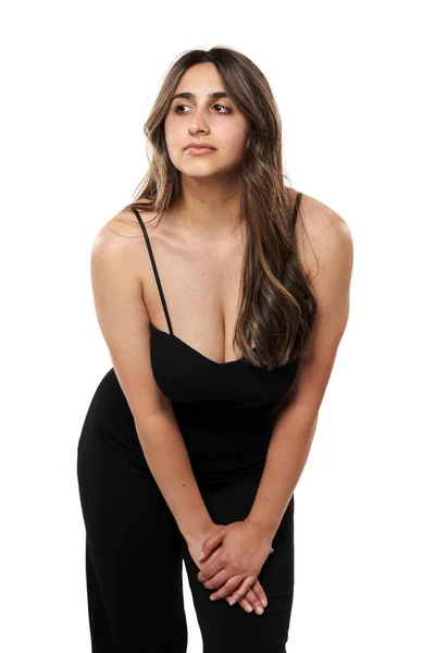 Aantrekkelijke Jonge Indiaanse Vrouw Zwart Pak Geïsoleerd Witte Achtergrond — Stockfoto