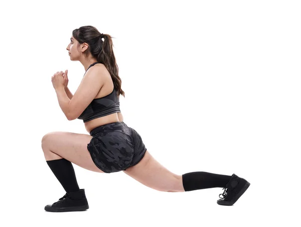 Size Indian Woman Doing Fitness Workout Isolated White Background — Stock Photo, Image