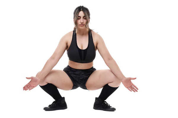 Storlek Indian Kvinna Gör Fitness Träning Isolerad Vit Bakgrund — Stockfoto