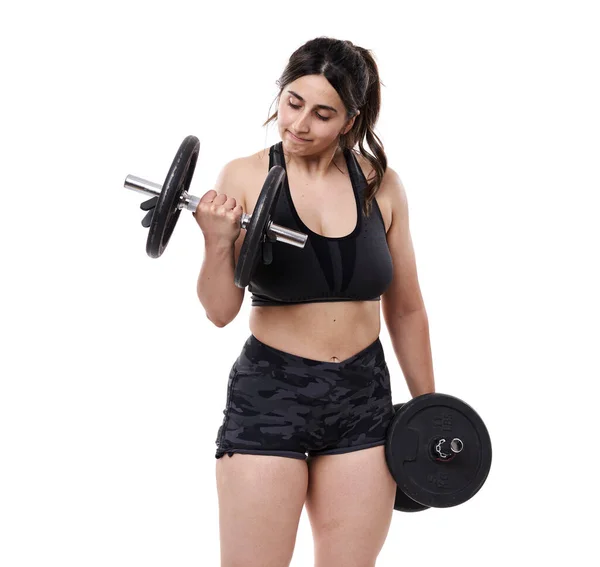 Grootte Indiase Vrouw Doet Fitness Workout Geïsoleerd Witte Achtergrond — Stockfoto