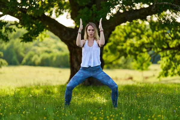 Ung Kvinna Som Utövar Yoga Och Meditation Skog Med Hundraåriga — Stockfoto