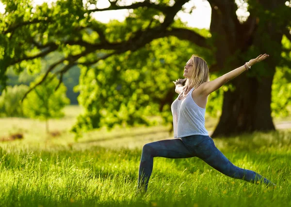 Fiatal Gyakorló Jóga Meditáció Egy Erdőben Centenáriumi Tölgyfa — Stock Fotó