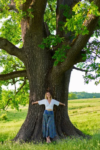Jovem Praticando Ioga Meditação Uma Floresta Com Carvalhos Centenários — Fotografia de Stock