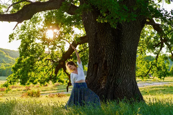 Jovem Praticando Ioga Meditação Uma Floresta Com Carvalhos Centenários — Fotografia de Stock