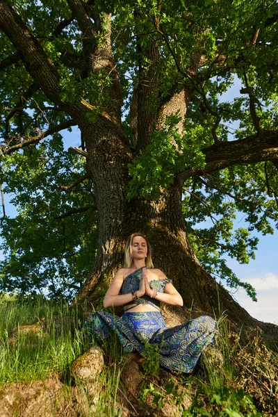 Mujer Joven Practicando Yoga Meditación Bosque Con Robles Centenarios —  Fotos de Stock