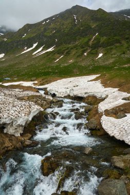 Dağ nehri ve yaz başında karlı dağlık araziler.