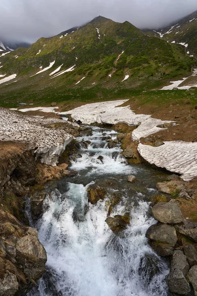 Яскравий Краєвид Гірською Річкою Високогір Снігом Початку Літа — стокове фото