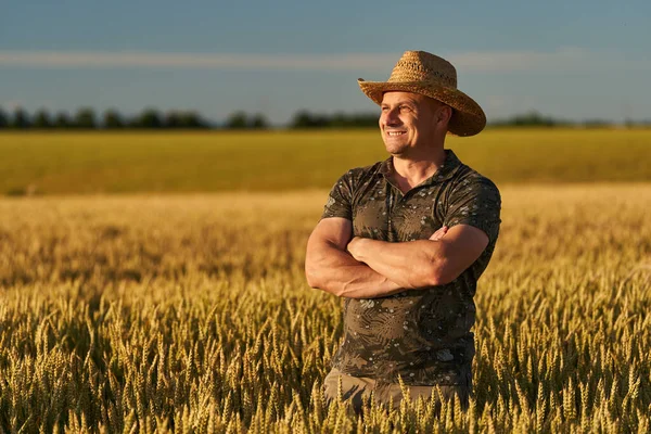 Fermier Chapeau Paille Dans Champ Blé Mûr Coucher Soleil — Photo