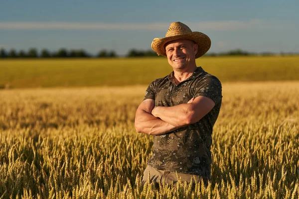 夕暮れ時に熟した小麦の畑のわら帽子の農家 — ストック写真