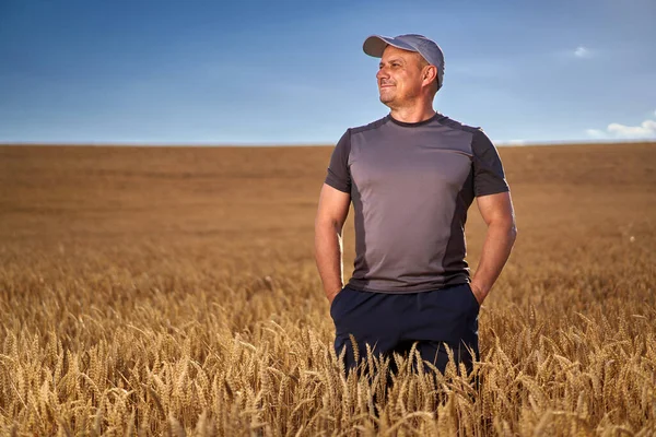 Šťastný Farmář Zralém Pšeničném Poli Při Západu Slunce — Stock fotografie