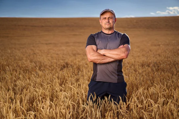 Šťastný Farmář Zralém Pšeničném Poli Při Západu Slunce — Stock fotografie