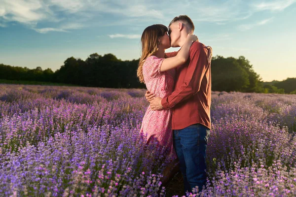 Lovely Young Couple Having Great Time Lavender Field Sunset — Stock Fotó
