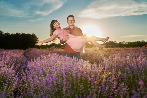 Lovely Young Couple Having Great Time Lavender Field Sunset — Stockfoto