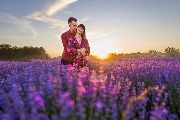 Lovely Young Couple Having Great Time Lavender Field Sunset — Stock Photo, Image