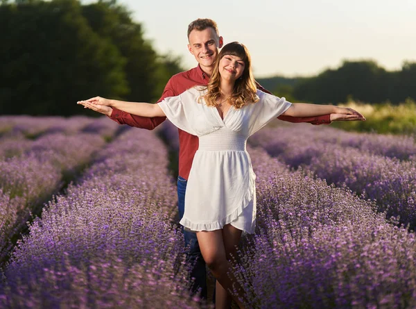 Lovely Young Couple Having Great Time Lavender Field Sunset — Stockfoto