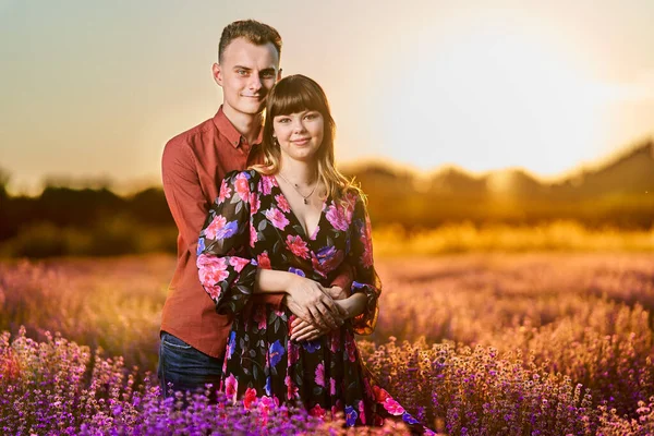Lovely Young Couple Having Great Time Lavender Field Sunset — Stockfoto