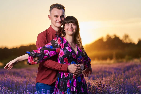 Lovely Young Couple Having Great Time Lavender Field Sunset — Foto Stock