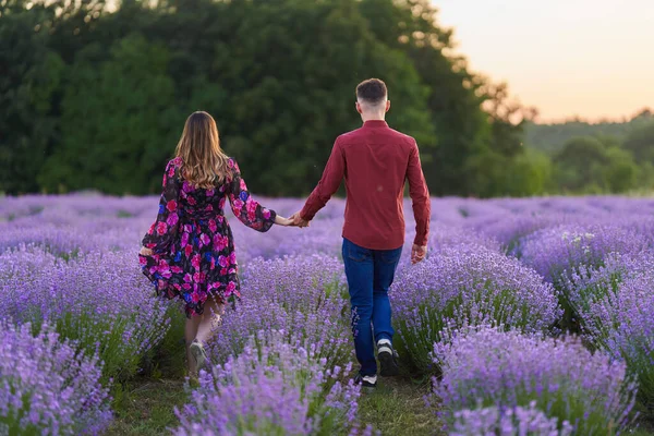 Lovely Young Couple Having Great Time Lavender Field Sunset — Stockfoto