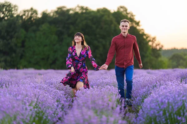 Lovely Young Couple Having Great Time Lavender Field Sunset —  Fotos de Stock