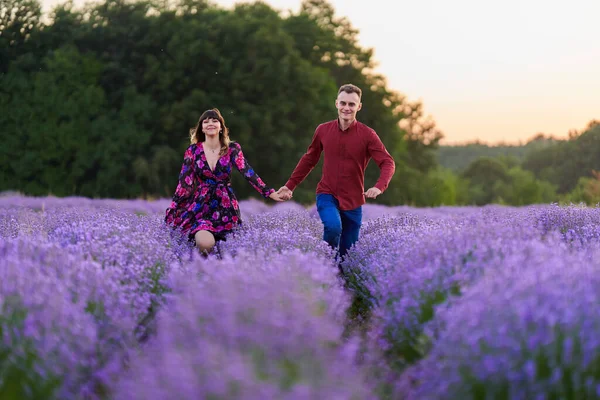 Lovely Young Couple Having Great Time Lavender Field Sunset — Photo