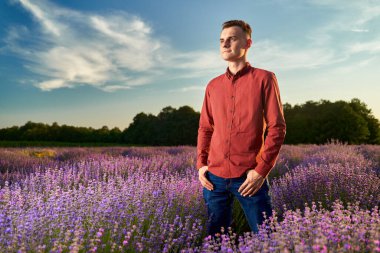 Gün batımında lavanta tarlasında kırmızı gömlekli ve mavi kotlu yakışıklı bir genç.