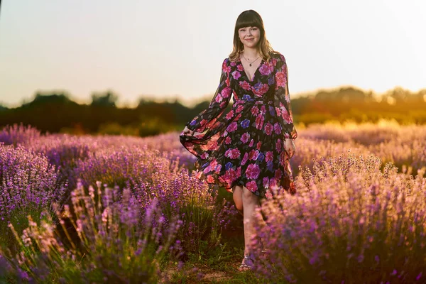 Attractive Young Woman Floral Dress Lavender Field Sunset — Stock Fotó