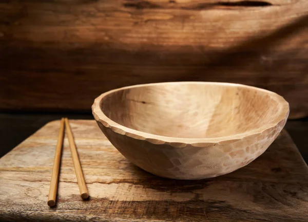 Asian Wooden Bowl Chopsticks Kitchen Board Empty — 图库照片