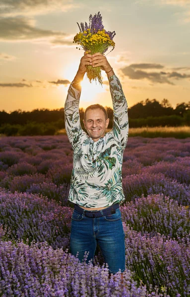 Happy Farmer His Lavender Garden Field Sunset — Stock fotografie