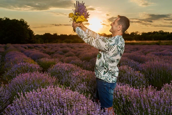 Happy Farmer His Lavender Garden Field Sunset — Stockfoto