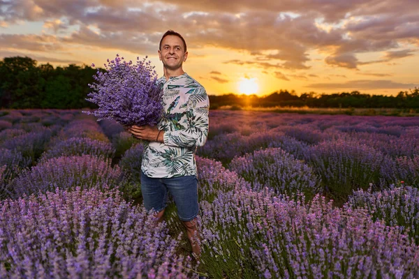 Happy Farmer His Lavender Garden Field Sunset — Stockfoto