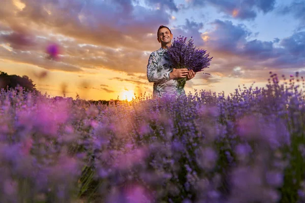 Happy Farmer His Lavender Garden Field Sunset —  Fotos de Stock