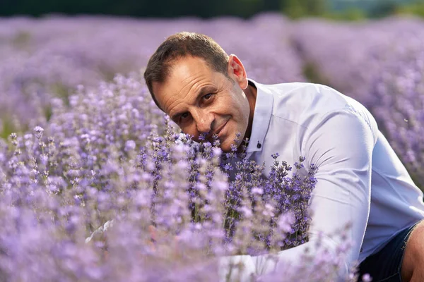 Happy Farmer His Lavender Garden Field Sunset — Stock Photo, Image