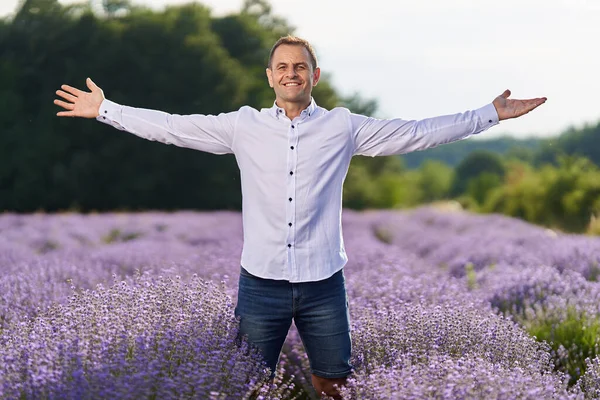 Happy Farmer His Lavender Garden Field Sunset — Fotografia de Stock