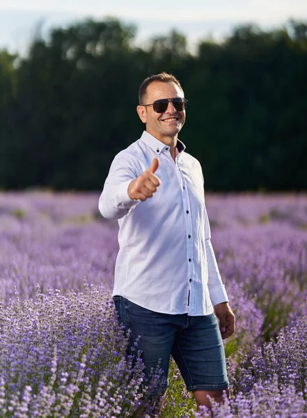 Happy Farmer His Lavender Garden Field Sunset — Stok fotoğraf