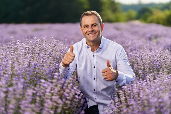 Happy Farmer His Lavender Garden Field Sunset — Zdjęcie stockowe