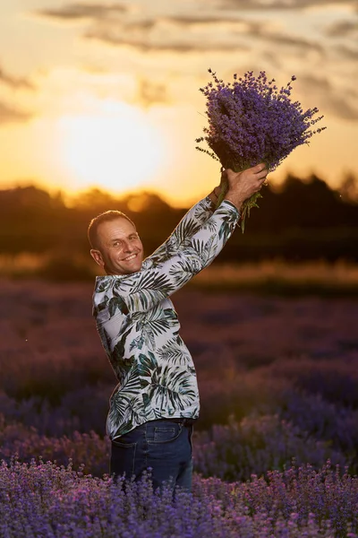Happy Farmer His Lavender Garden Field Sunset — Stock Fotó