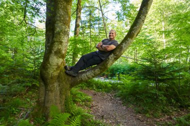 Man sitting on a branch in a tree, like in a hammock
