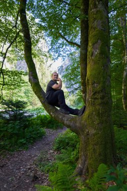 Man sitting on a branch in a tree, like in a hammock