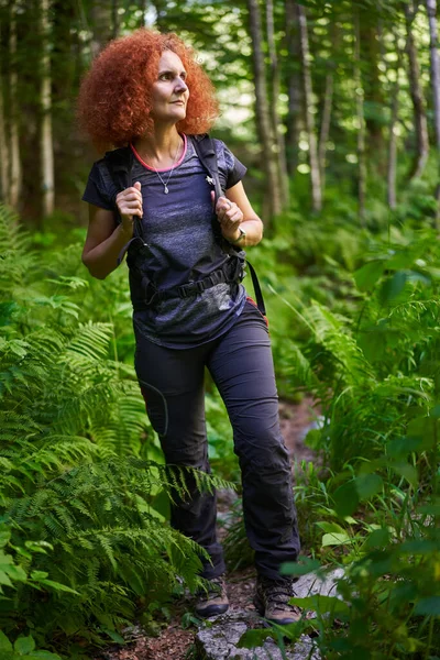 Woman Hiker Backpack Hiking Trail Mountain Forest — Zdjęcie stockowe