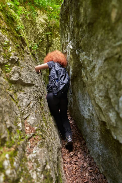Woman Hiker Backpack Hiking Trail Mountain Forest — Fotografia de Stock