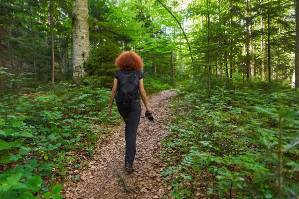 Female Nature Photographer Camera Backpack Hiking Trail Forest — Fotografia de Stock
