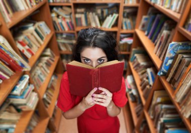 Attractive brunette librarian in red dress in a library full of books