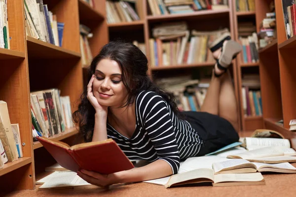Attractive Young Woman Striped Top Black Mini Skirt Library Full Fotografia Stock