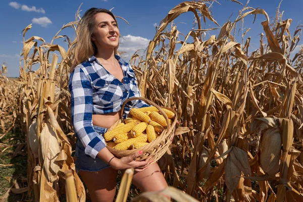 Happy Size Piękny Rolnik Kobieta Koszem Dżinsach Kratę Szorty Kapelusz — Zdjęcie stockowe