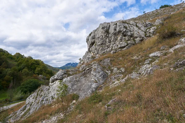 Paisagem Com Montanhas Rochosas Florestas Exuberantes Início Outono — Fotografia de Stock