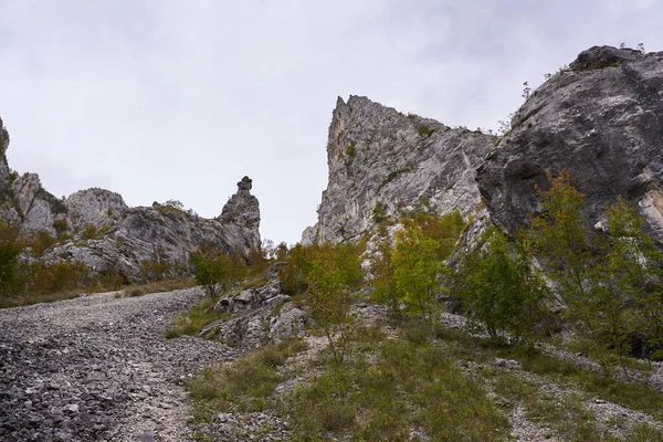 Sonbaharın Başında Kayalık Dağlar Ormanlar Ile Manzara — Stok fotoğraf